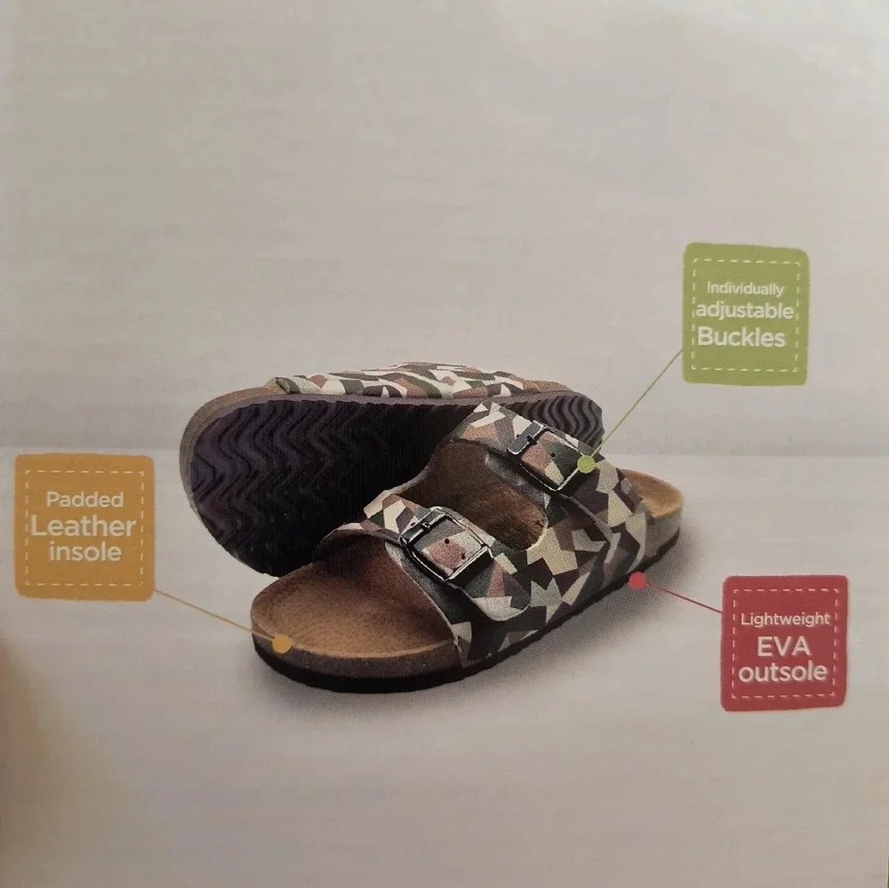 Cream tan brown green Birkenstock style sandals kids camouflage style pattern
